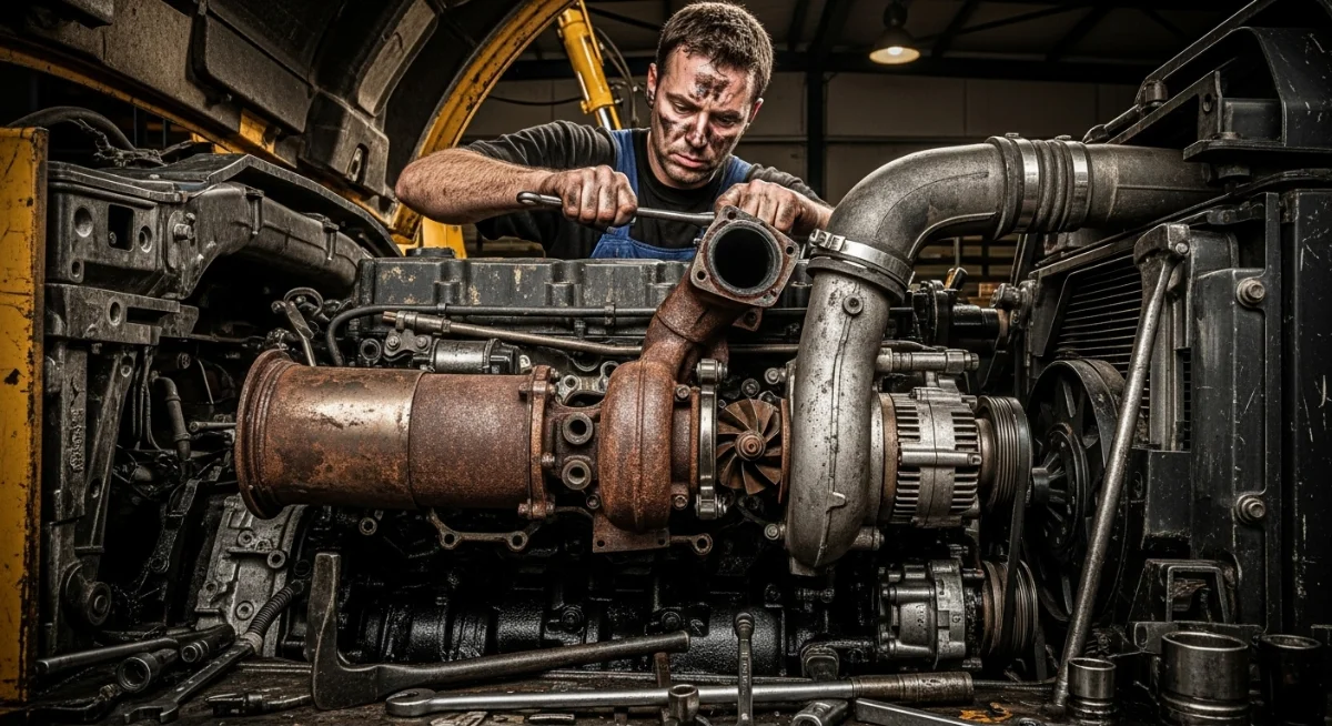 Hình ảnh một bộ turbo tăng áp xe tải mới nguyên vẹn, sáng bóng