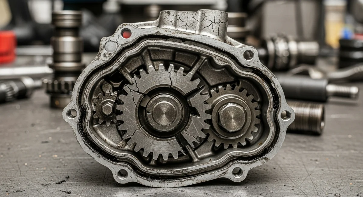 Hình ảnh một động cơ xe tải với vị trí bơm nhớt động cơ được đánh dấu rõ ràng