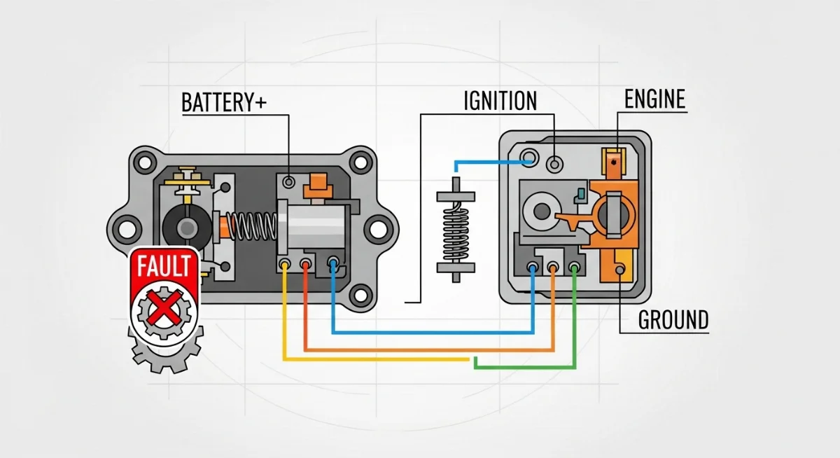 Hình ảnh một rơ le tắt máy xe tải bị cháy hoặc hư hỏng vật lý